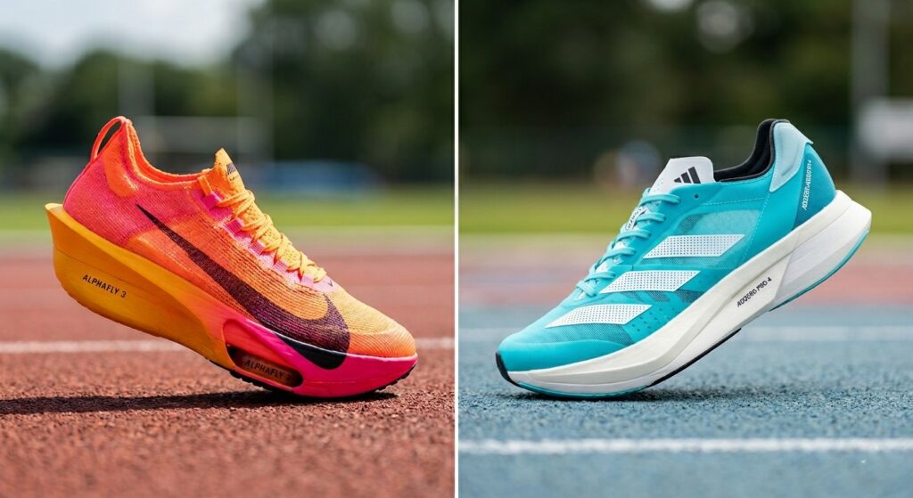 A clean, high-resolution split-panel image comparing the orange Nike Alphafly 3 and the cyan Adidas Adizero Adios Pro 4 on a blurry running track, free of text, for the Equiplix review.