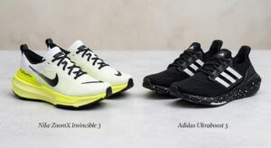 Nike ZoomX Invincible vs Adidas Ultraboost side profile comparison.