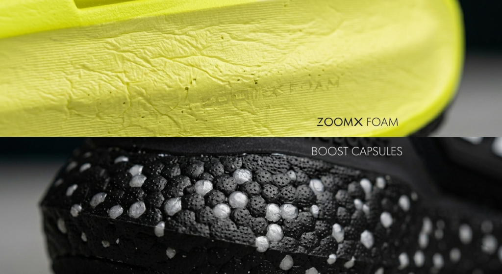 Close up of Nike ZoomX foam and Adidas Boost midsole texture.