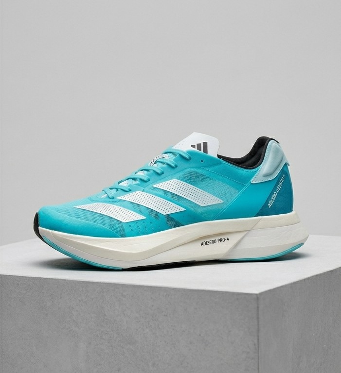A professional product shot of the cyan Adidas Adizero Adios Pro 4 running shoe on a stone pedestal, highlighting the Lightstrike Pro cushioning and sleek 2026 performance silhouette.