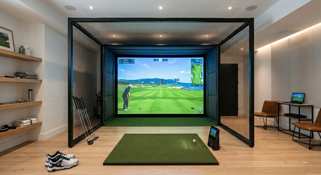 Best golf simulator for home setup featuring a premium indoor hitting enclosure and launch monitor.