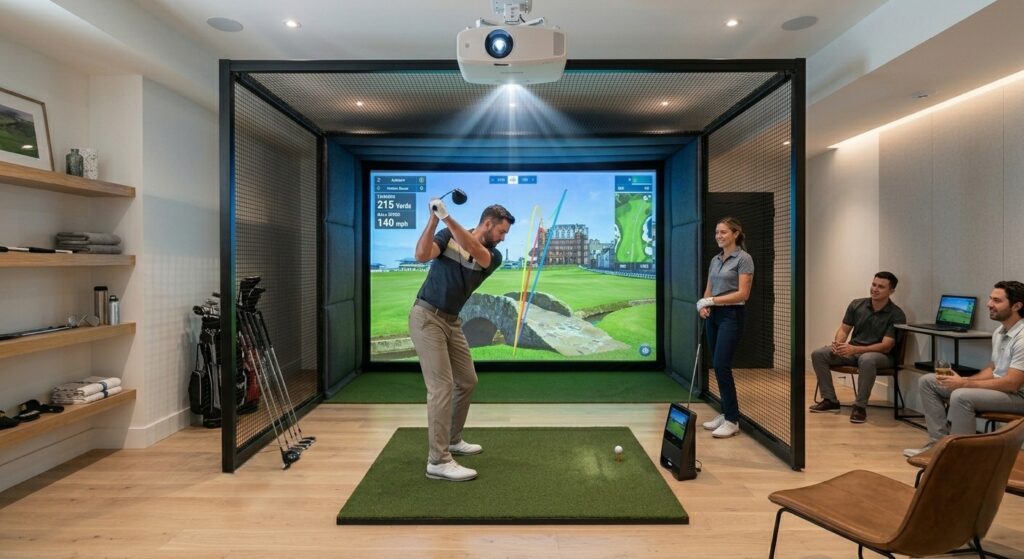 Best golf simulator for home use in a luxurious modern studio setting, featuring four people enjoying a virtual round of golf on an impact screen powered by a ceiling-mounted projector.