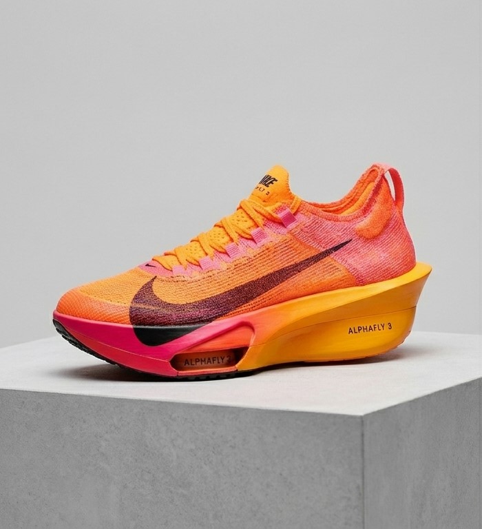 A high-resolution side view of the orange and pink Nike Alphafly 3 running shoe sitting on a gray stone pedestal, showcasing the ZoomX foam and aerodynamic racing design.