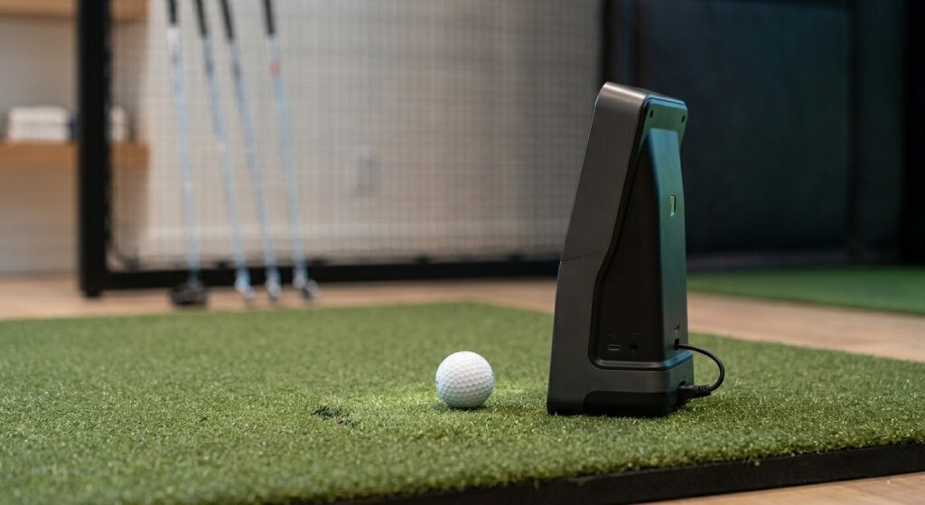 Compact best home golf simulator launch monitor positioned next to a golf ball on an indoor hitting mat.