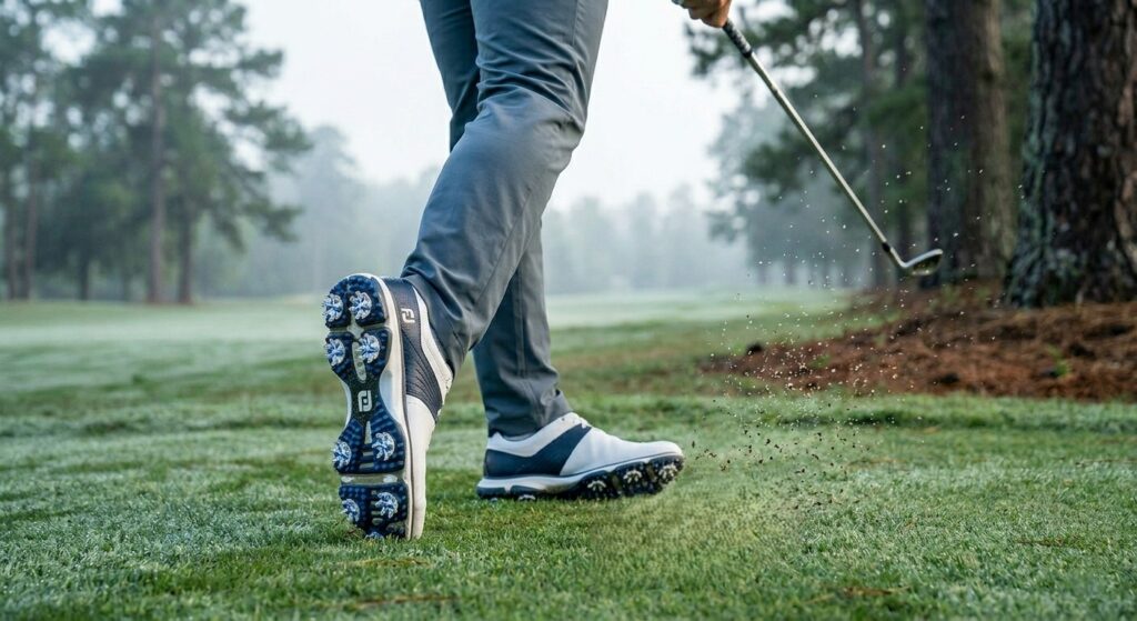 Low-angle action shot of a golfer completing a swing on a wet, misty course, showcasing the clear blue and white soft spikes on the outsole of the lifted back foot for maximum traction and stability.