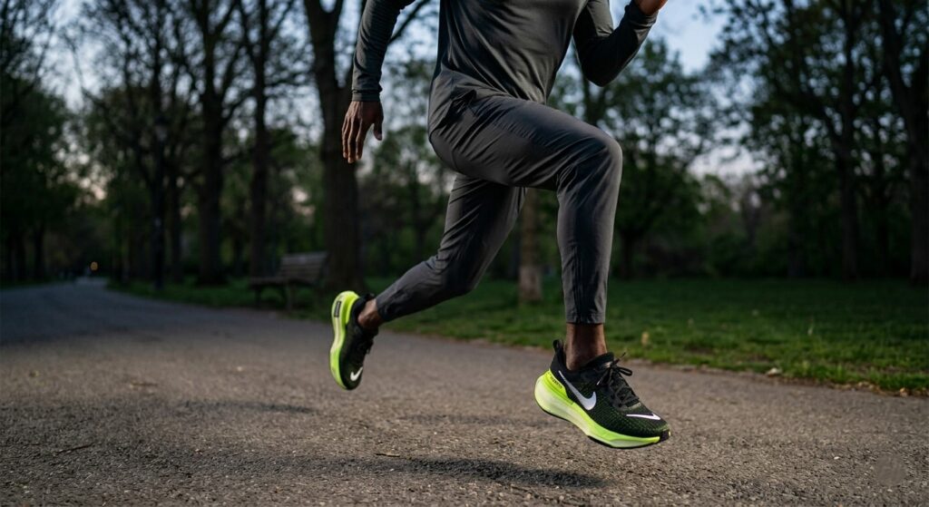 Runner testing Nike ZoomX Invincible on pavement.
