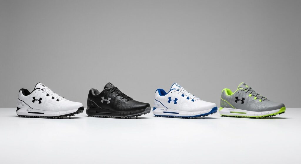 A professional studio line-up of four Under Armour Drive Pro Clone golf shoes, each with a specific performance label. From left to right: a White/Black shoe with a 'BEST ALL-WEATHER PERFORMANCE' label, a Black shoe with 'TOP STABILITY', a White/Blue shoe with 'ELITE TRACTION', and a Grey/Neon shoe with 'MAXIMUM COMFORT'. Each shoe clearly displays its details, color, and specific performance focus on a clean white surface with a grey background.