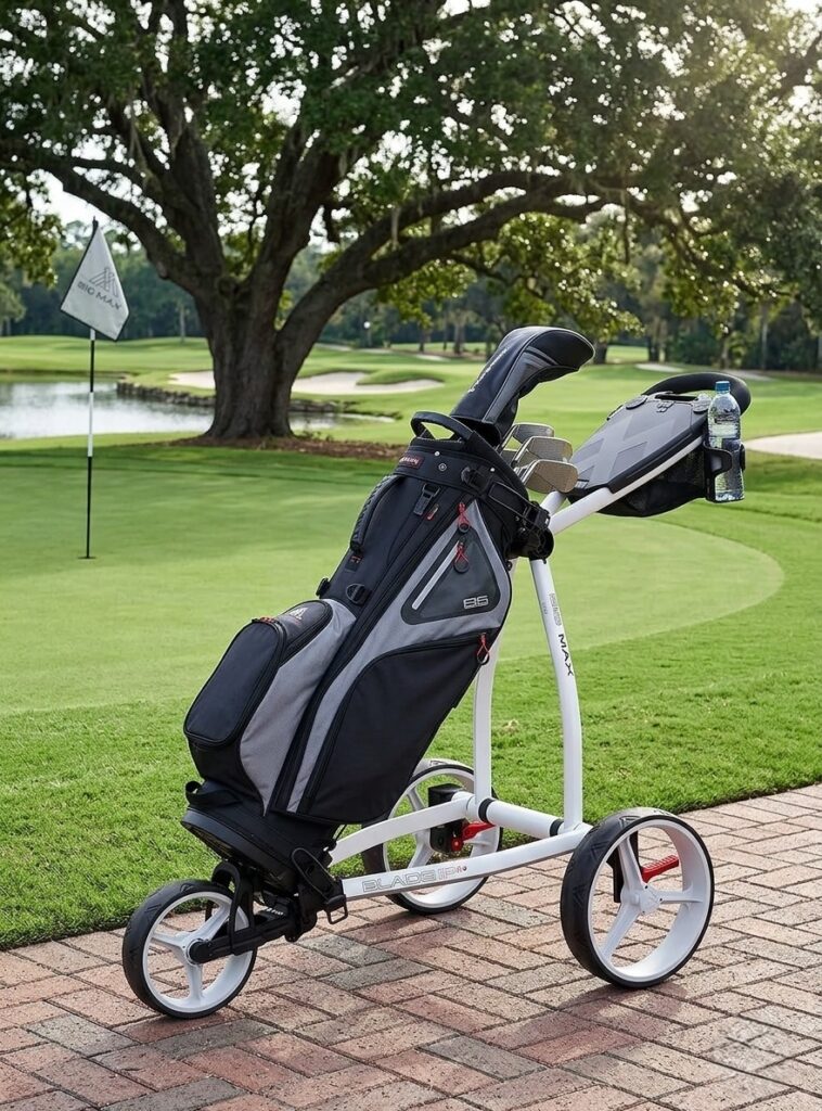 BIG-MAX-Blade-IP-Golf-Push-Cart-with-Golf-Bag-on-Paved-Course-Path