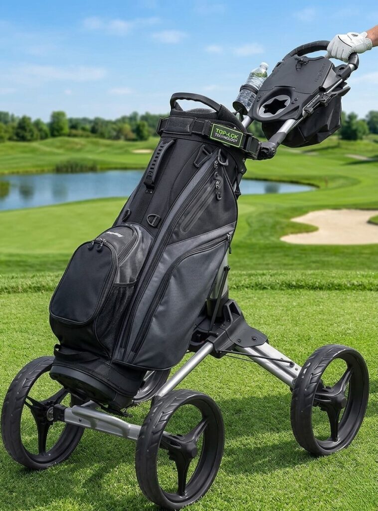 Bag-Boy-Nitron-4-Wheel-Push-Cart-with-Golf-Bag-and-Accessories-On-Course-Path