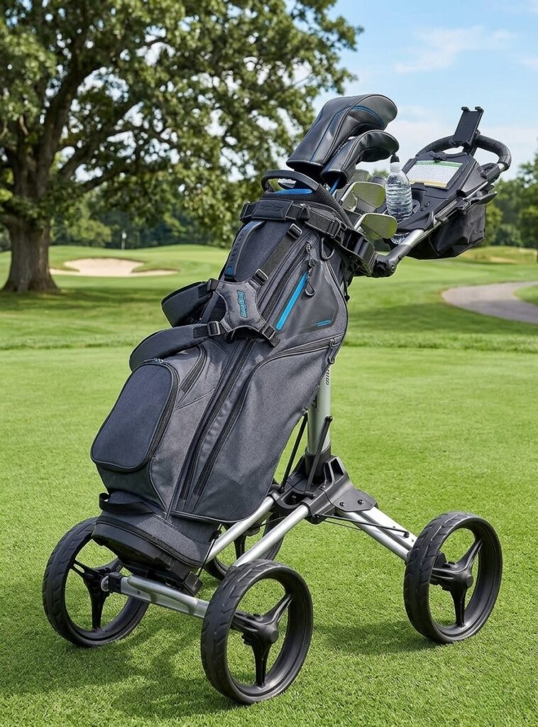 Bag-Boy-Quad-XL-4-Wheel-Golf-Push-Cart-with-Golf-Bag-on-Fairway-Grass