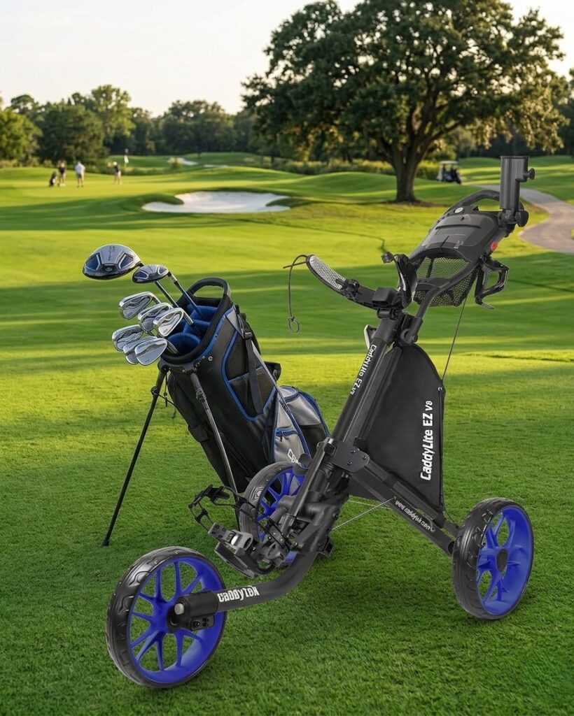 CaddyTek-CaddyLite-EZ-V8-Golf-Push-Cart-with-Golf-Bag-On-Course-Path
