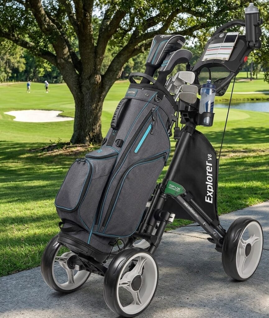CaddyTek-Explorer-V8-4-Wheel-Golf-Push-Cart-with-Golf-Bag-on-Paved-Path