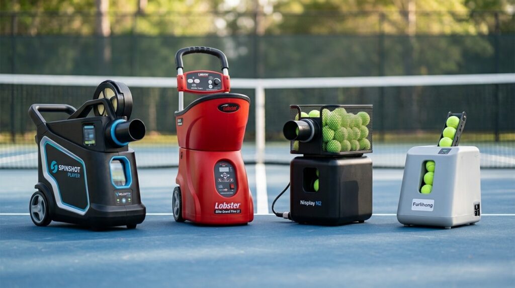 A side-by-side comparison of the best tennis ball machines on a court, featuring the Spinshot Player, Lobster Elite Grand Five LE, Nisplay N2 Portable, and Furlihong training machine.