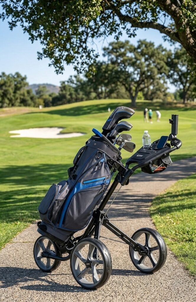 KVV-3-Wheel-Golf-Push-Cart-with-Golf-Bag-on-Paved-Course-Path