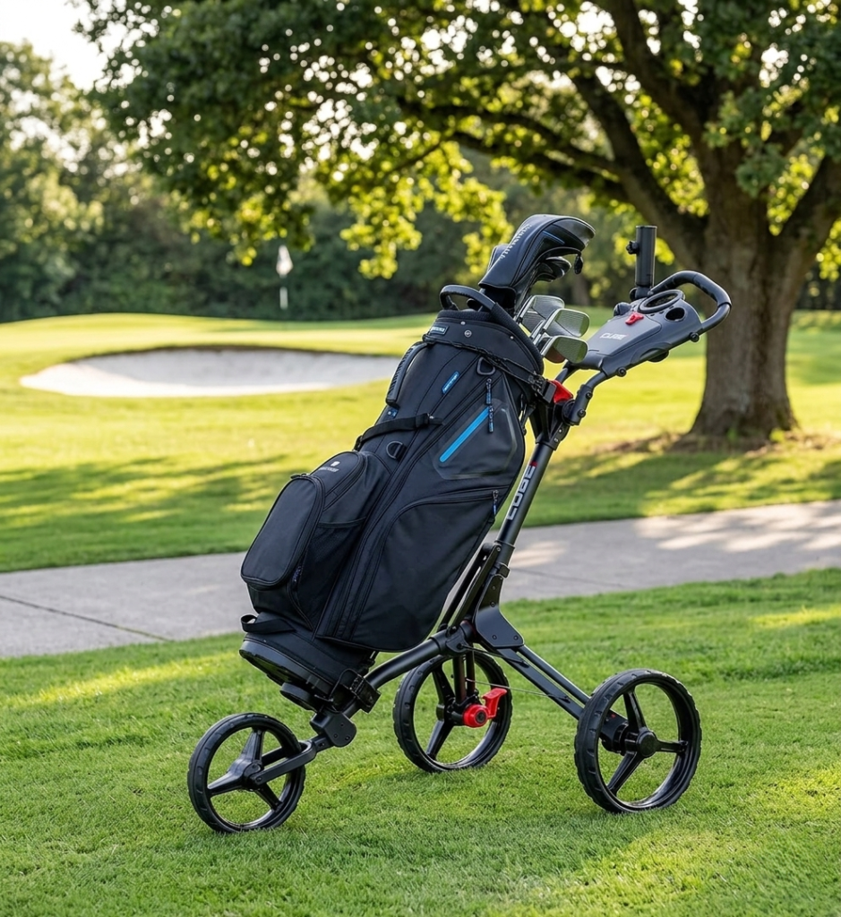 Motocaddy-Cube-3-Wheel-Golf-Push-Cart-with-Golf-Bag-on-Fairway