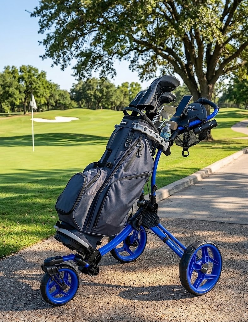 Rovic-RV1S-3-Wheel-Golf-Push-Cart-with-Golf-Bag-on-Paved-Course-Path