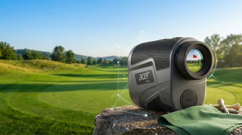 Acer Gadget laser golf rangefinder with slope sitting on a stone wall overlooking a sunlit green golf course fairway