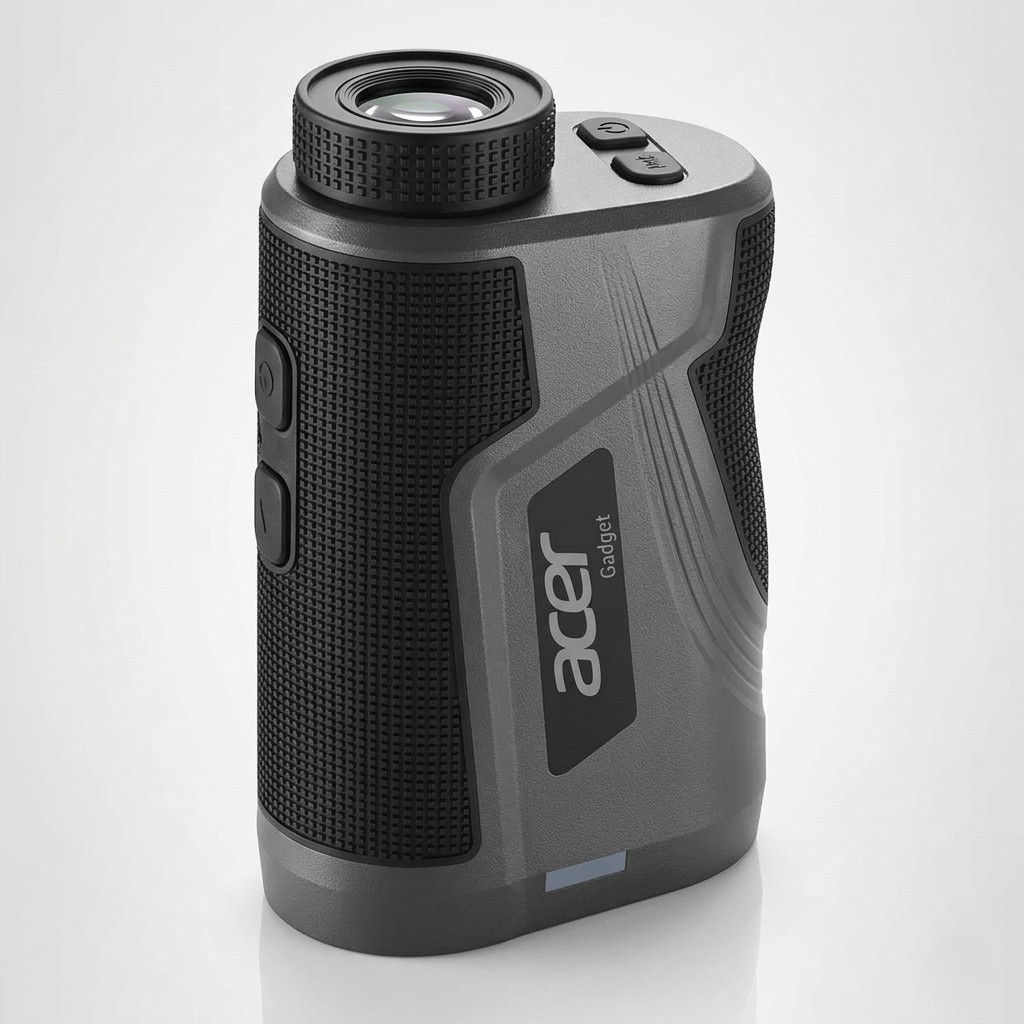 Clean studio product photograph of the Acer Gadget golf rangefinder showing the front lenses and side grip texture against a bright gray background