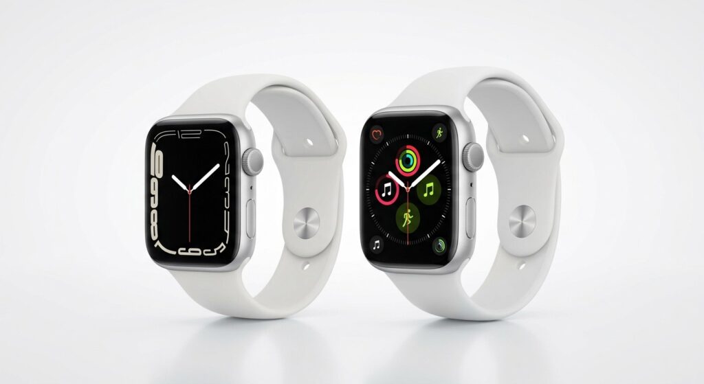 Clean studio product photo displaying the apple watch se 3 silver vs series 11 silver aluminum casings.