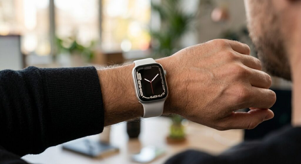 Real-world fitness tracking view of the apple watch series 11 silver model worn on a wrist.