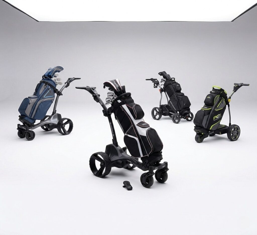 A studio comparison shot featuring four different motorized electric golf trolleys with loaded bags (blue, black/white, all-black, and grey/lime) arranged on a seamless white background, including the central MGI Zip Navigator with its remote.