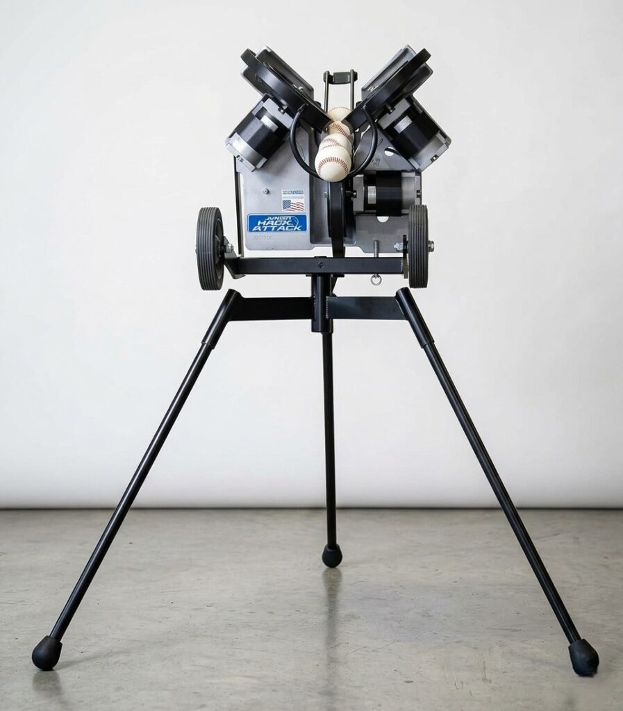 A studio-shot product photo of the Sports Attack Junior Hack Attack baseball pitching machine, showcasing its three-wheel configuration and tripod design against a clean, white background.