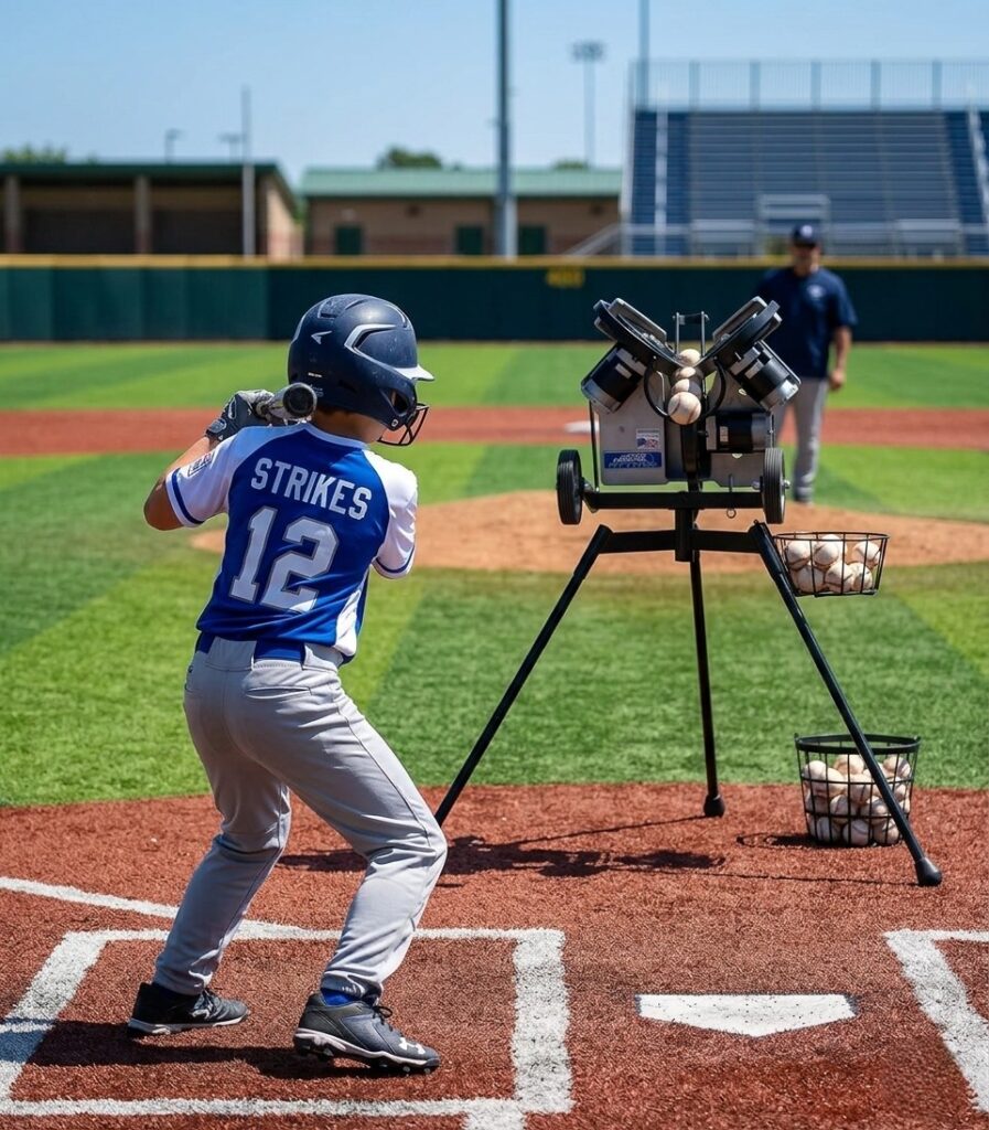 A youth baseball player practicing his swing with the Junior Hack Attack pitching machine on a dirt field during a coach-led batting session.