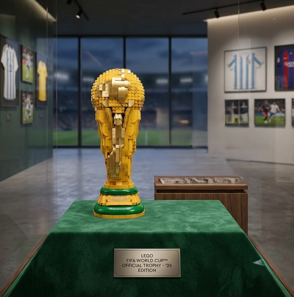 A high-resolution LEGO Icons FIFA World Cup Official Trophy (set #43020) stands on a green velvet plinth in a glass display case within a sports museum, next to its packaging with a stadium view and other memorabilia visible in the background.