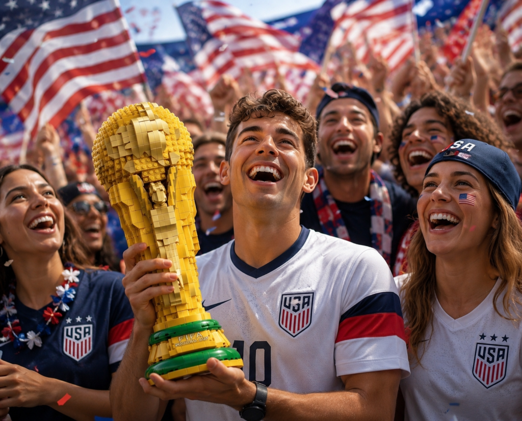 AI-generated image of USA soccer fans celebrating while holding a LEGO FIFA World Cup Official Trophy, with smiling supporters, American flags, and confetti filling the stadium atmosphere.