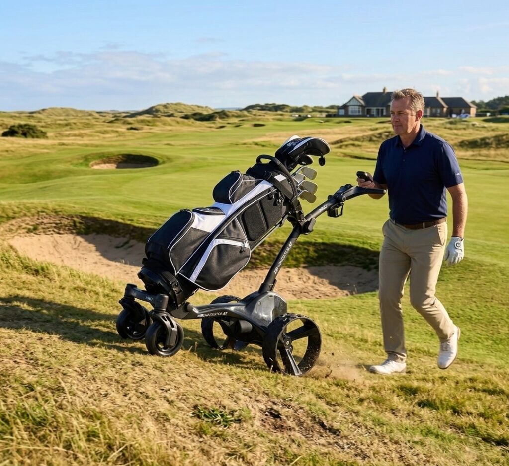 A real-world performance shot of a male golfer walking up a steep, grassy incline on a links course next to the MGI Zip Navigator AT all terrain electric golf cart.