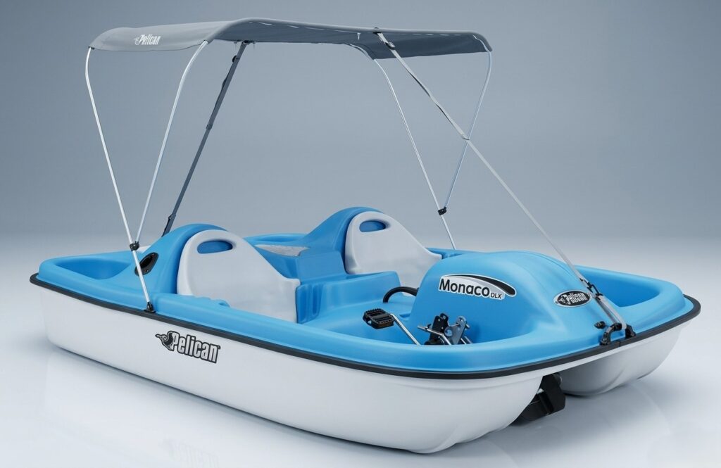 Side view of the bright blue and white Pelican Monaco DLX 5-seat pedal boat with its grey Bimini canopy fully extended