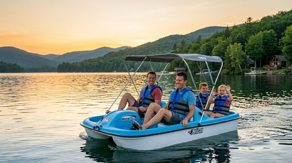 high-resolution, side-profile view of a bright blue and white Pelican Monaco DLX 5-seat pedal boat with its adjustable grey Bimini canopy fully extended, showcasing the structural material and recreational design features.