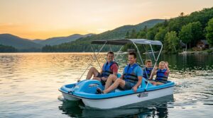 high-resolution, side-profile view of a bright blue and white Pelican Monaco DLX 5-seat pedal boat with its adjustable grey Bimini canopy fully extended, showcasing the structural material and recreational design features.