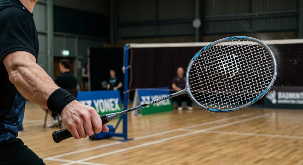 A close-up action shot of a male player's muscular arm and hand holding a Senston N80 badminton racket as a white feathered shuttlecock impacts the string bed on an indoor court. The player's face is completely cut out of the frame.