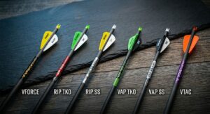 A side-by-side comparison lineup of Victory Archery arrows, including the VForce, RIP TKO, RIP SS, VAP TKO, VAP SS, and VTAC target models resting on a dark slate background.