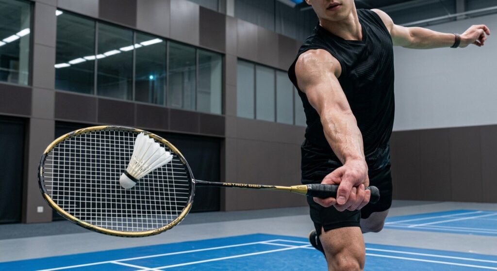 A badminton player tightly gripping a gold and black graphite racket during an indoor court session, showing a clean, unbranded background arena.