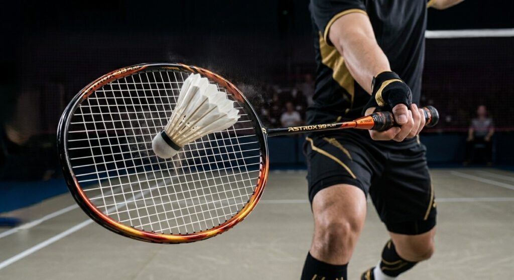 Close-up action shot of a Yonex Astrox 99 Play racket hitting a badminton shuttlecock mid-smash on an indoor court.