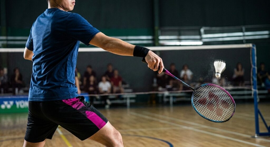 A dynamic close-up of a badminton player from behind in a blue shirt and black and magenta shorts, powerful mid-swing, hitting a white feathered shuttlecock with a Yonex Nanoray Light 18i racket on an indoor court. Dust particles fly upon impact.